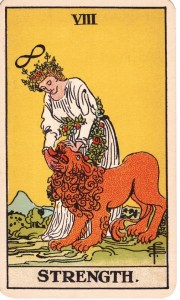 A figure with a floral crown and wearing a white dress adorned with flowers gently closes a lion's mouth. The lemniscate, or infinite symbol floats about their head. The overall color in the background is yellow.