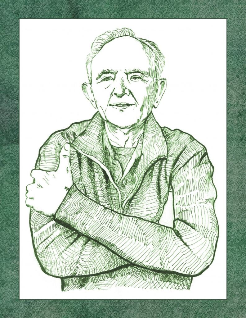 Drawing of a person doing the somatic self-holding exercise. The person has their right arm tucked in their left armpit and their left arm on the outside of their right bicep. 